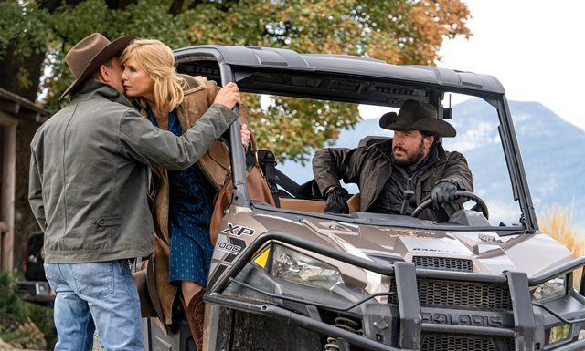 (L-R) Kevin Costner as John Dutton, Kelly Reilly as Beth Dutton and Cole Hauser as Rip Wheeler. The Season Three Finale of Yellowstone - “The World is Purple”