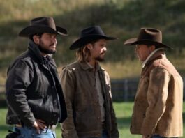 (L-R) Cole Hauser as Rip Wheeler, Luke Grimes as Kayce Dutton and Kevin Costner as John Dutton. Season 3 Episode 9 of Yellowstone