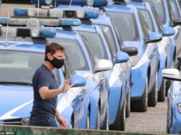 Tom was spotted on the set of Mission Impossible 7 in Italy surrounded by police cars,